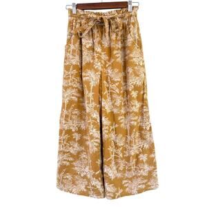 American Eagle Cotton Linen Blend Wide Leg Crop Pants Lined Belted Size S Gold